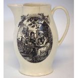 Creamware jug circa 1810, printed with 'Blessings of Peace' and 'Miseries of War' 24cm high