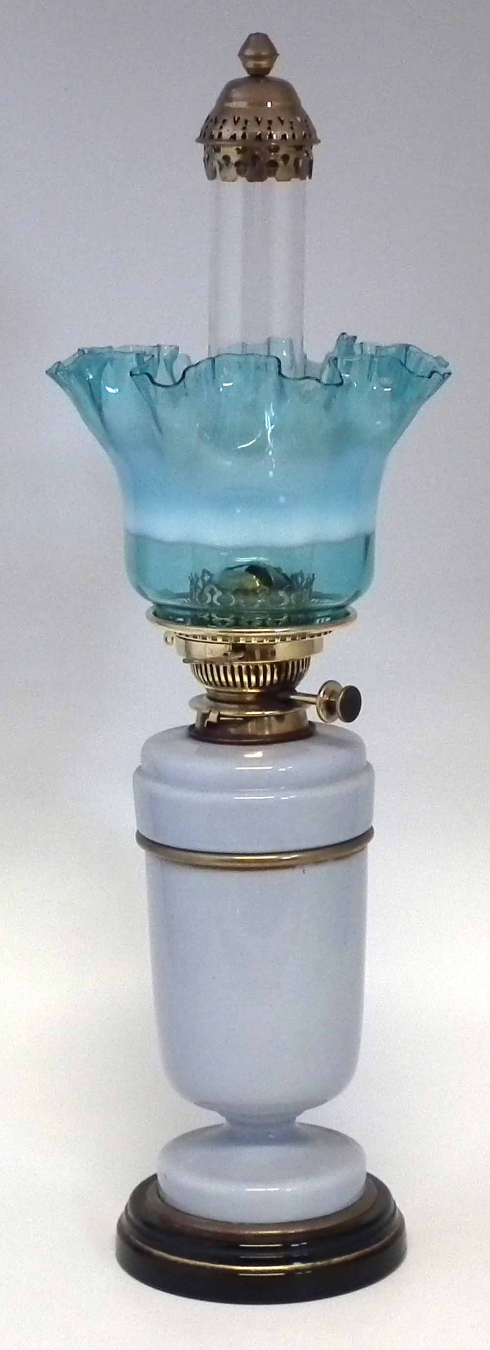 Victorian opaque purple glass oil lamp, with brass Hinks Patent burner, and blue glass shade, 65cm