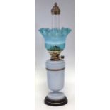 Victorian opaque purple glass oil lamp, with brass Hinks Patent burner, and blue glass shade, 65cm