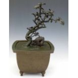 Japanese patinated bronze koro and cover, Meiji period, in the form of a bonsai of a thorn bush, the