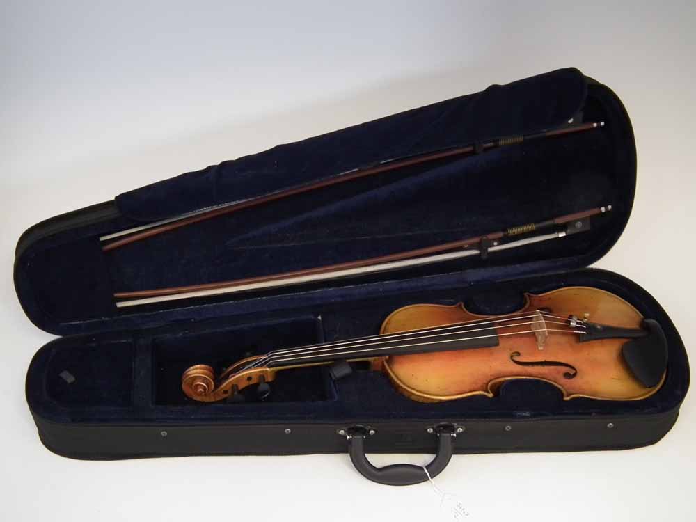 Liu Xi workshops Violin, with two piece lightly flamed back and aged golden orange varnish, with two - Image 12 of 12