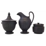 Black Basalt cream jug and lidded sucrier by Shortnose & Co. circa 1820, with engine turned