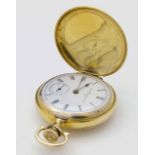 Elgin 14K gold cased hunter fob watch, circa 1909, white enamel dial, subsidiary seconds, case 32mm,