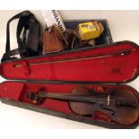 Full size violin and bow in case with a box cameras and equipment. Condition report: see terms and