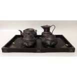 Chinese Yixing type four piece tea service applied with pewter together with a wooden tray Condition