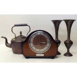 Copper kettle, pair of brass vases and mantel clock with three train movement. Condition report: see