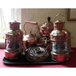 Two copper/ brass ship lanterns, 'Stern & Masthead', samovar, kettle and a bed warmer. Condition