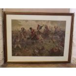 Large framed lithograph 'Waterloo' showing Sergent Ewart capturing the French colours, 1815.