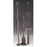 Luba / Hemba spoon with female figure top, also a staff and a stand carved with Chokwe figures, (