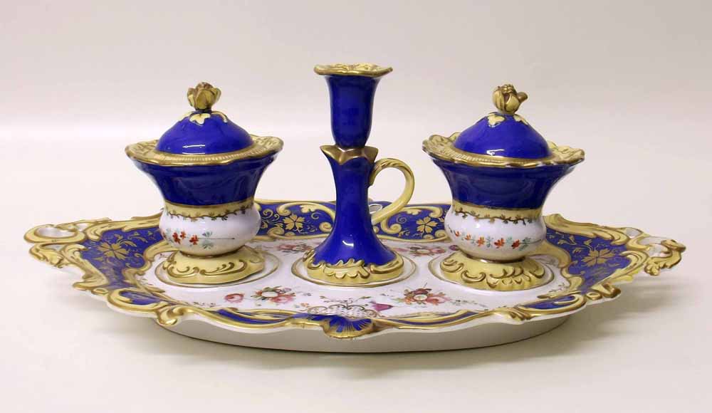 English porcelain desk set possibly Coalport circa 1830   painted with flora and a blue and yellow