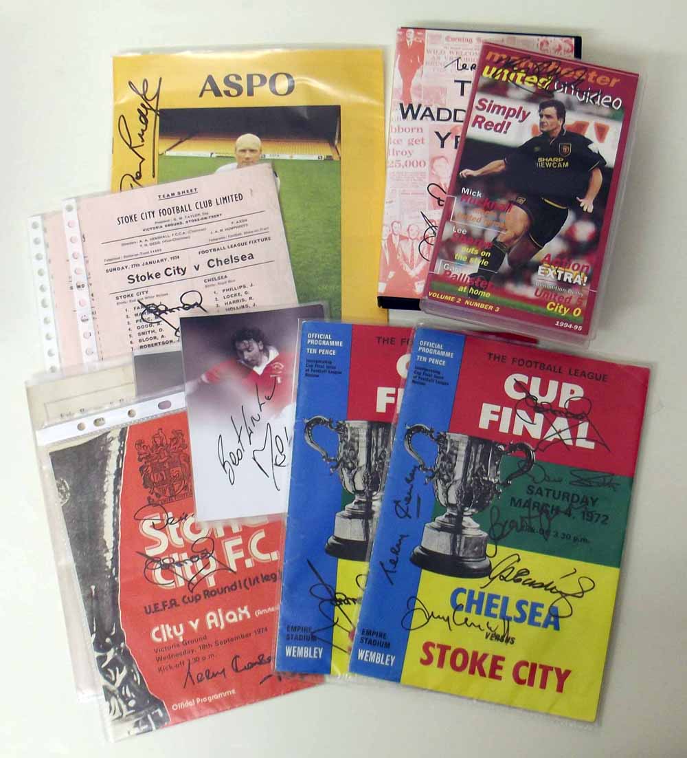 Collection of Stoke City programmes signed be G. Eastham, T. Conroy, J. Greenhough, Denis Smith (