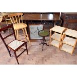 Oak framed woolwork firescreen, two bamboo tables, breakfast bar chair, tripod wine table and