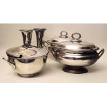 Three plates ex. wd tureen and a pair of vases. Condition report: see terms and conditions