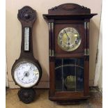 Oak Edwardian 8-day wall clock and aneroid barometer. Condition report: see terms and conditions