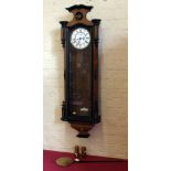 Victorian walnut 8-day wall clock with white enamel dial and two weights. Condition report: see