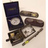 Holmes gauge, thermometer, metal box containing clock keys etc. Condition report: see terms and