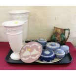 Collection of Wedgwood to include a Majolica jug, pair of vases, Jasper ware etc. Condition