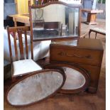 Small oak chest of two drawers, three mirrors and single oak dining chair. Condition report: see