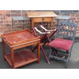 Bobbin turned side table, two metal ware plant stands, lamp table, tray stand and heavily carved oak