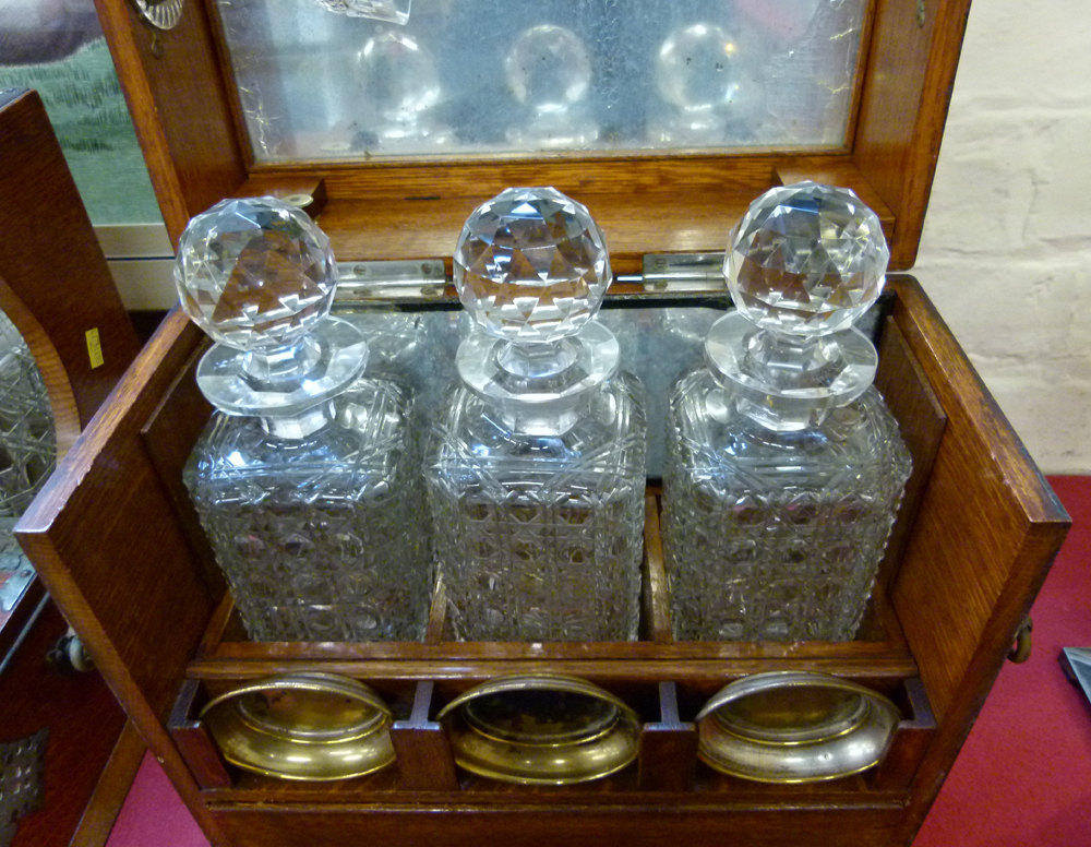 Late Victorian oak table-top liqueur cabinet, the fall front and rising top revealing two drawers, - Image 3 of 14