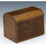 Yew tea caddy, the chamfered lid revealing two compartments, width 16.5cm.