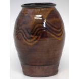 St Ives Studio pottery vase attributed to Bernard Leach, decorated with wavy lines and a treacle
