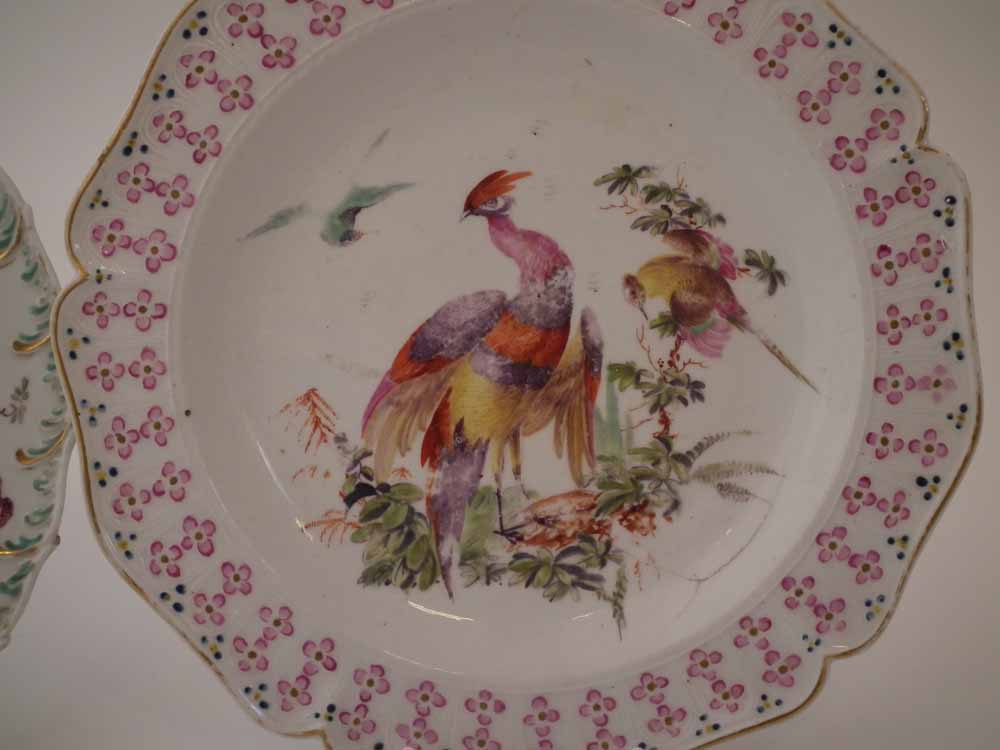 Two Chelsea plates circa 1760, painted with exotic birds within a feather and floral moulded border, - Image 2 of 9