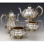 Melon shaped silver four piece tea and coffee set, Chas Price, London 1829 and Martin & Hall