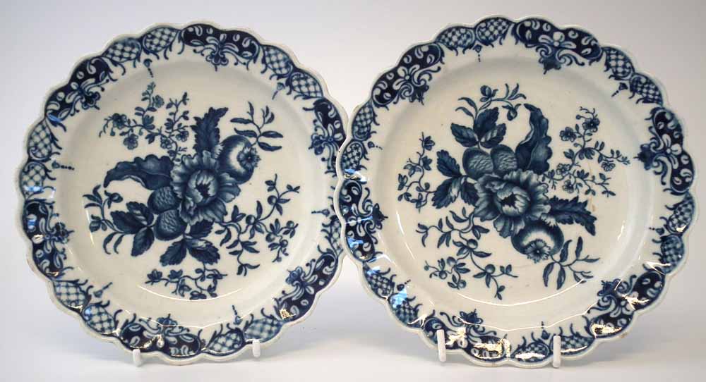 Pair of Worcester plates circa 1770, printed with Pinecone pattern in underglaze blue, crescent