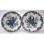 Pair of Worcester plates circa 1770, printed with Pinecone pattern in underglaze blue, crescent