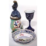 Enamel basket, with pierced border painted with a landscape, also an inkwell with knight finial