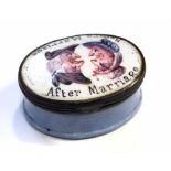 Enamel box probably Bilston, painted with 'Before Marriage' and After Marriage' late 18th early 19th