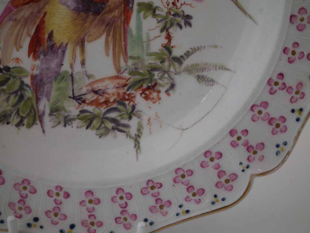 Two Chelsea plates circa 1760, painted with exotic birds within a feather and floral moulded border, - Image 3 of 9