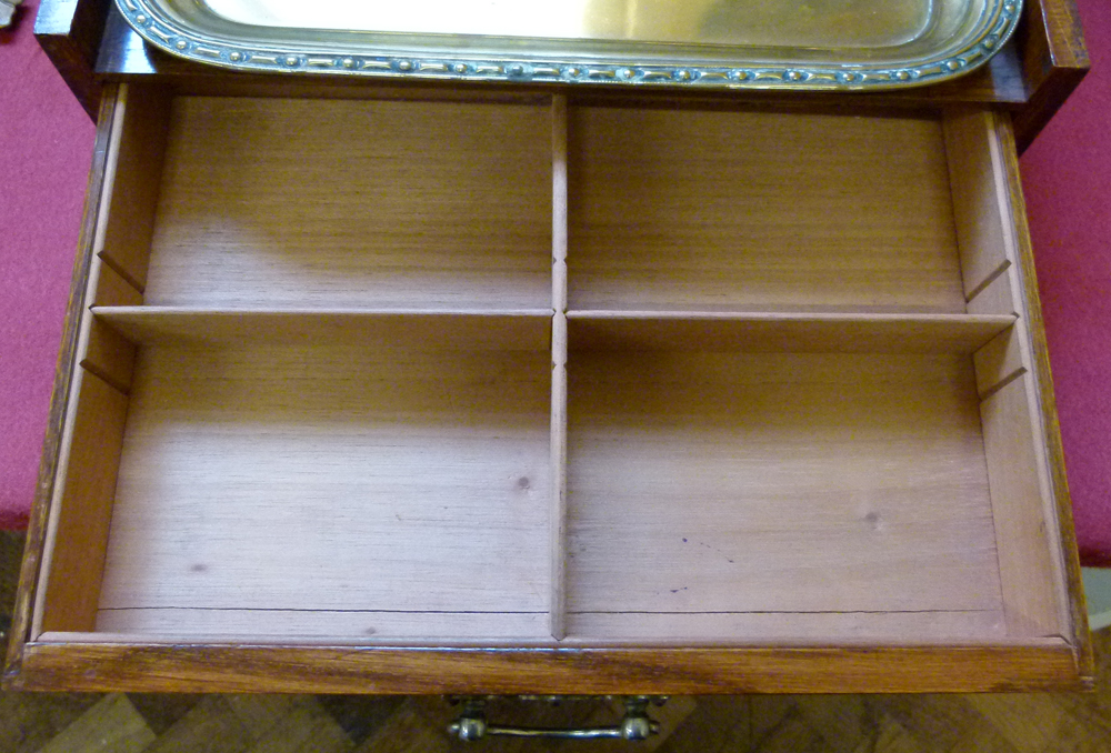 Late Victorian oak table-top liqueur cabinet, the fall front and rising top revealing two drawers, - Image 6 of 14