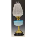 Victorian turquoise glass and brass table oil lamp with frosted shade, height to burner 36cm.