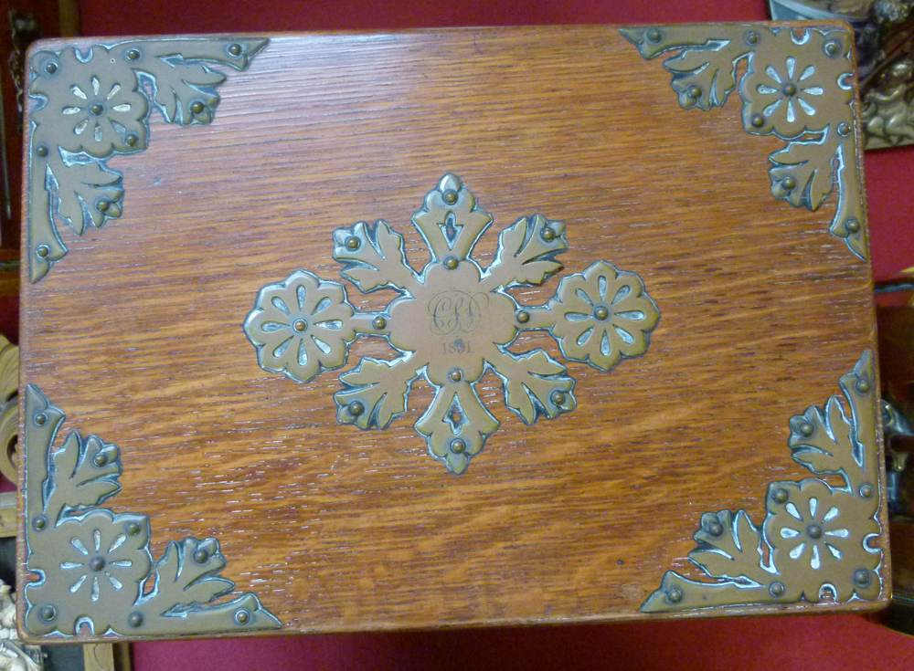 Late Victorian oak table-top liqueur cabinet, the fall front and rising top revealing two drawers, - Image 11 of 14