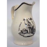 Creamware jug possibly Leeds circa 1800, printed with a lady, lion and military regalia and 'Voor