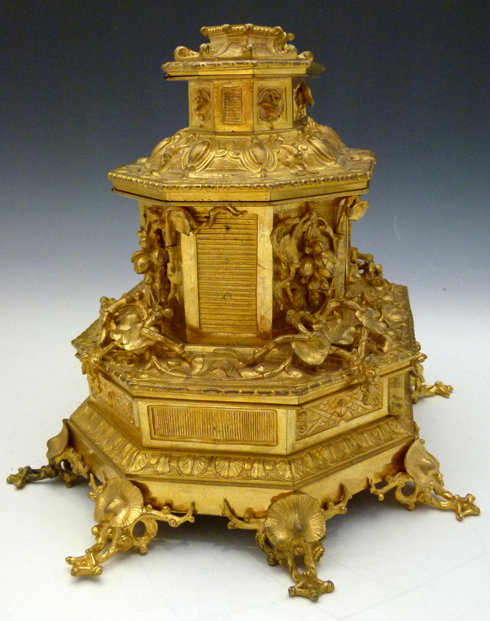 Ormolu jewellery casket in three tiers applied and moulded with naturalistic decoration, height - Image 6 of 17