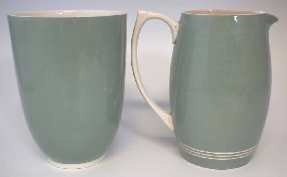 Wedgwood Keith Murray design vase and jug, decorated with a green celadon over white glaze the jug