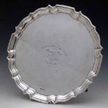 Circular piecrust silver salver, FJS, Sheffield 1936, inscribed field, diameter 32cm, 27oz 11dwt.