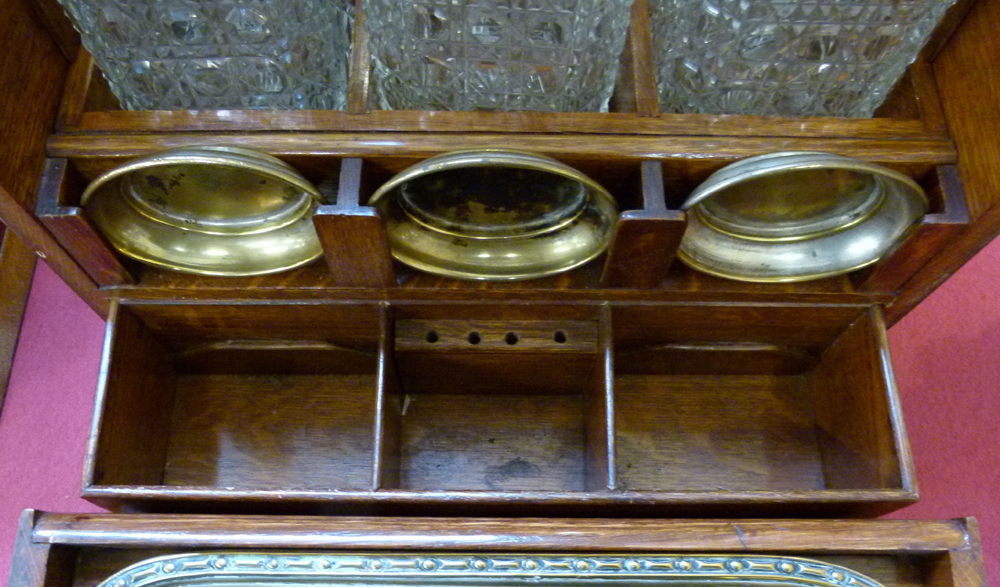 Late Victorian oak table-top liqueur cabinet, the fall front and rising top revealing two drawers, - Image 7 of 14