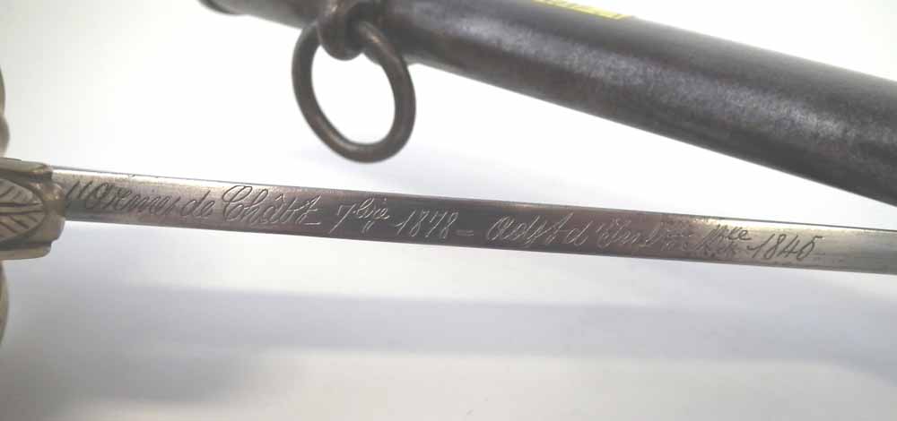 French 1845 Infantry officers Sabre, with engraved 1878 date and marks to blade, with original - Image 7 of 8