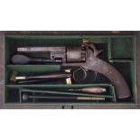 Cased percussion Bentley type revolver  with chequered stock and engraved action, fitted in oak