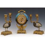 French clock garniture, circa 1890, of gilt brass and japanese cloisonne, the globular clock on a