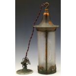 Oxidised and frosted glass cylindrical electric ceiling light, circa 1920, height 39cm.