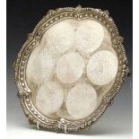 Silver foliate salver, Barker Ellis, Birmingham 1973, on three ball-and-claw feet, diameter 28.