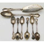 Victorian London silver Albert pattern  fish slice, Eliza Eaton, 1846, gravy spoon, Wm Eaton,