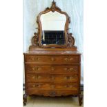 French walnut dressing chest of four long drawers with a mirror top and swing mirror back, widt