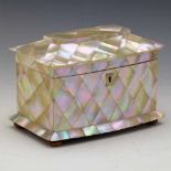 Mother-of-pearl covered tea caddy, mid 19th century, fitted with two interior compartments, width