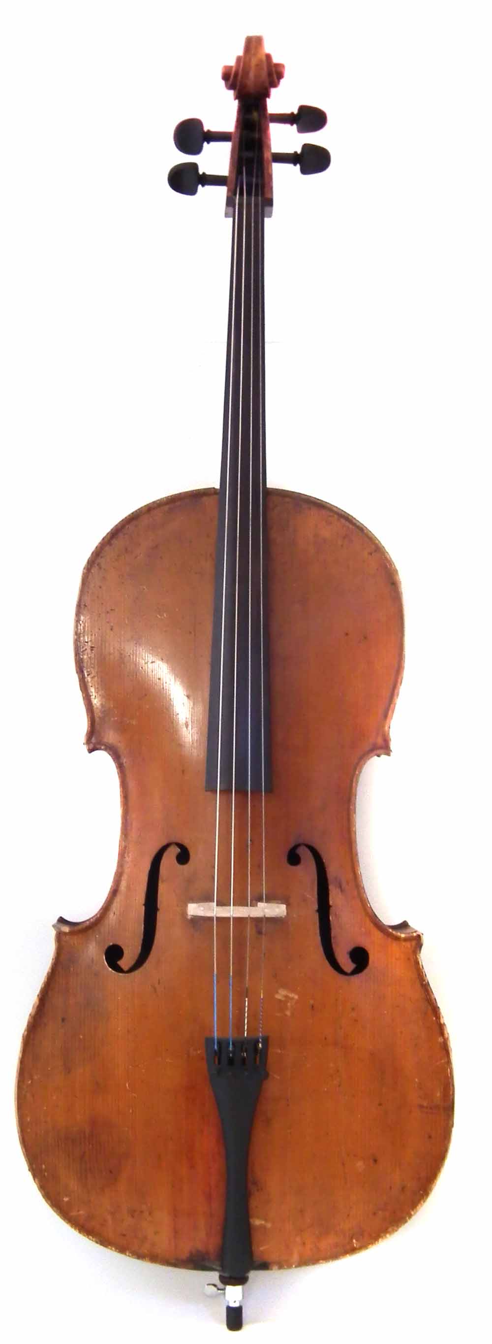 German cello, with two piece lightly flamed back labelled 'Attuned by W.M. Hawes Northampton Nov. 23